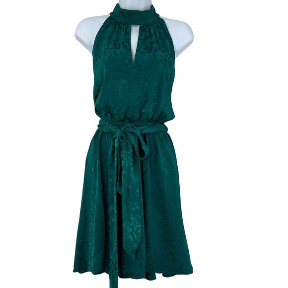 Anthropologie Dress Keyhole Halter Neck Blouson Size Large Teal Green Retro Glam - Picture 1 of 8